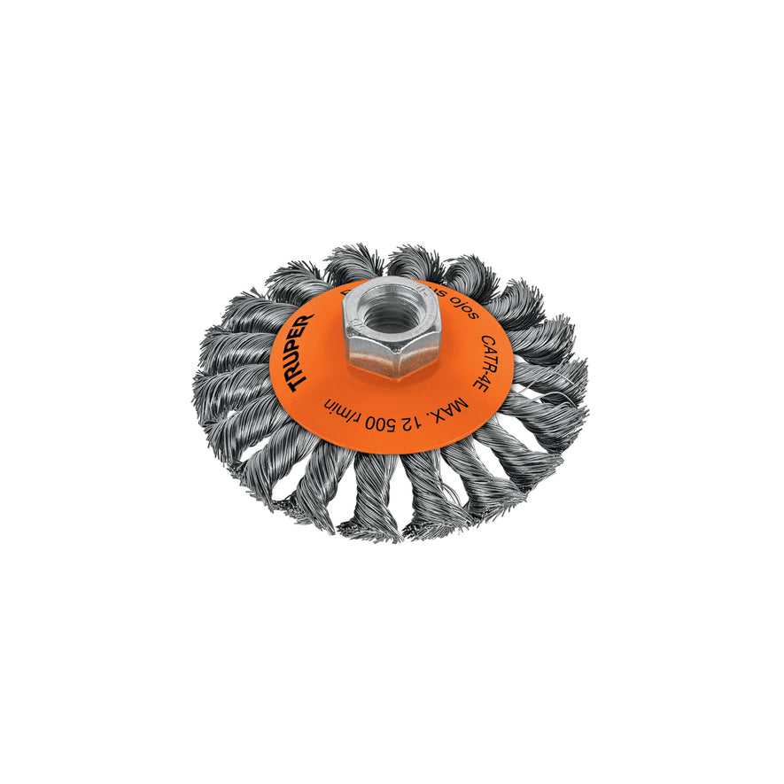 Carda tipo cónico 4' alambre trenzado, eje 5/8'-11, Truper Caja con 4, 14190
