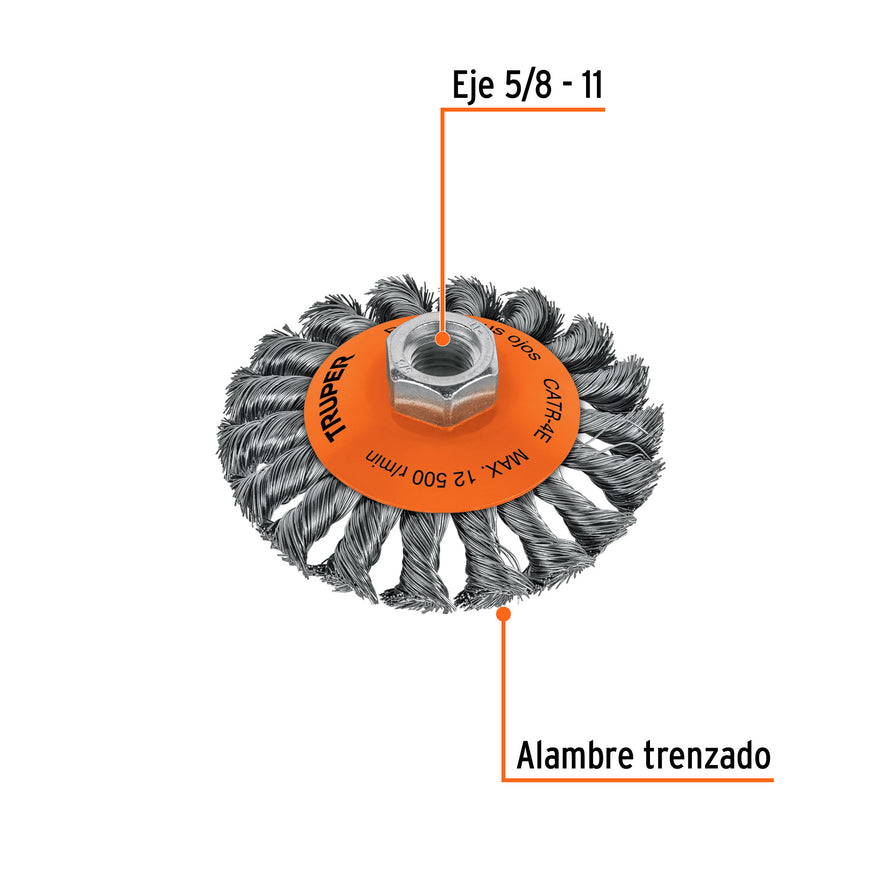 Carda tipo cónico 4' alambre trenzado, eje 5/8'-11, Truper Caja con 4, 14190