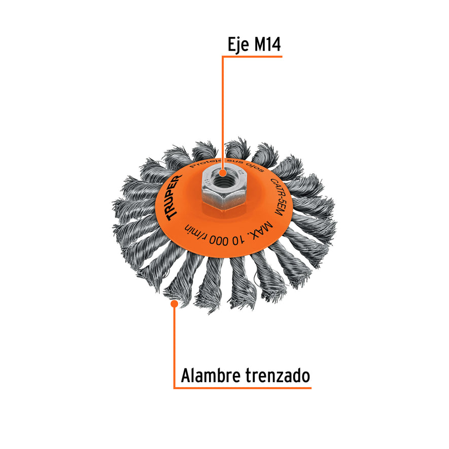 Carda tipo cónico 5' alambre trenzado, eje M14, Truper Caja con 4, 14189