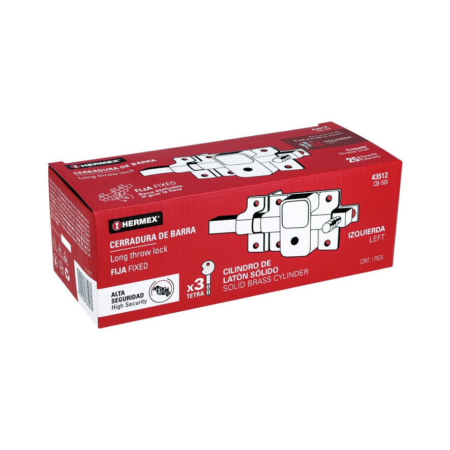 Cerradura de barra fija, llave tetra, izquierda, Hermex Caja con 3, 43512
