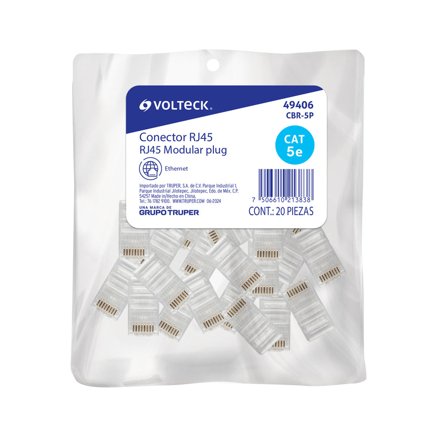 Plug RJ45 CAT5E, Bolsa con 20 piezas, VOLTECK Caja con 10, 49406