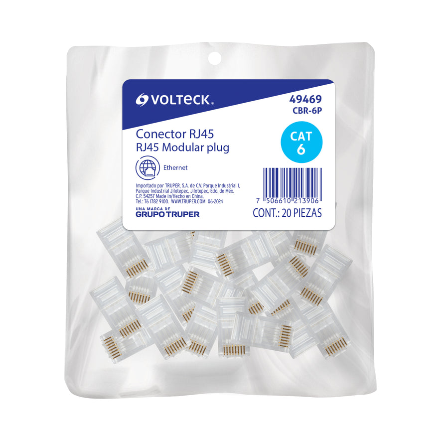 Plug RJ45 CAT6, Bolsa con 20 piezas, VOLTECK Caja con 10, 49469