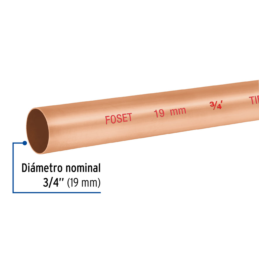 Tubo de 3/4' de cobre tipo 'N' , de 3 m, Foset Caja con 10, 48152
