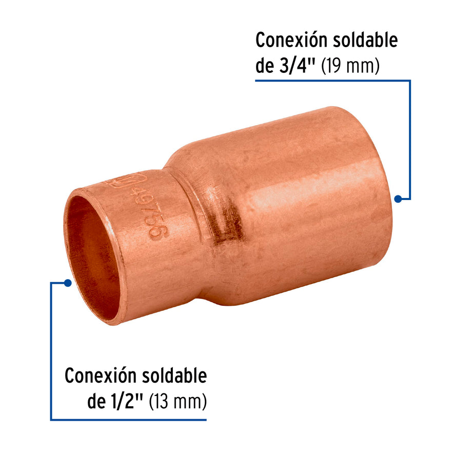 Cople reducción bushing cobre 3/4'x 1/2', Foset Caja con 10, 49756