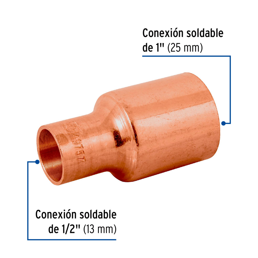 Cople reducción bushing cobre, 1'x 1/2', Foset Caja con 10, 49757