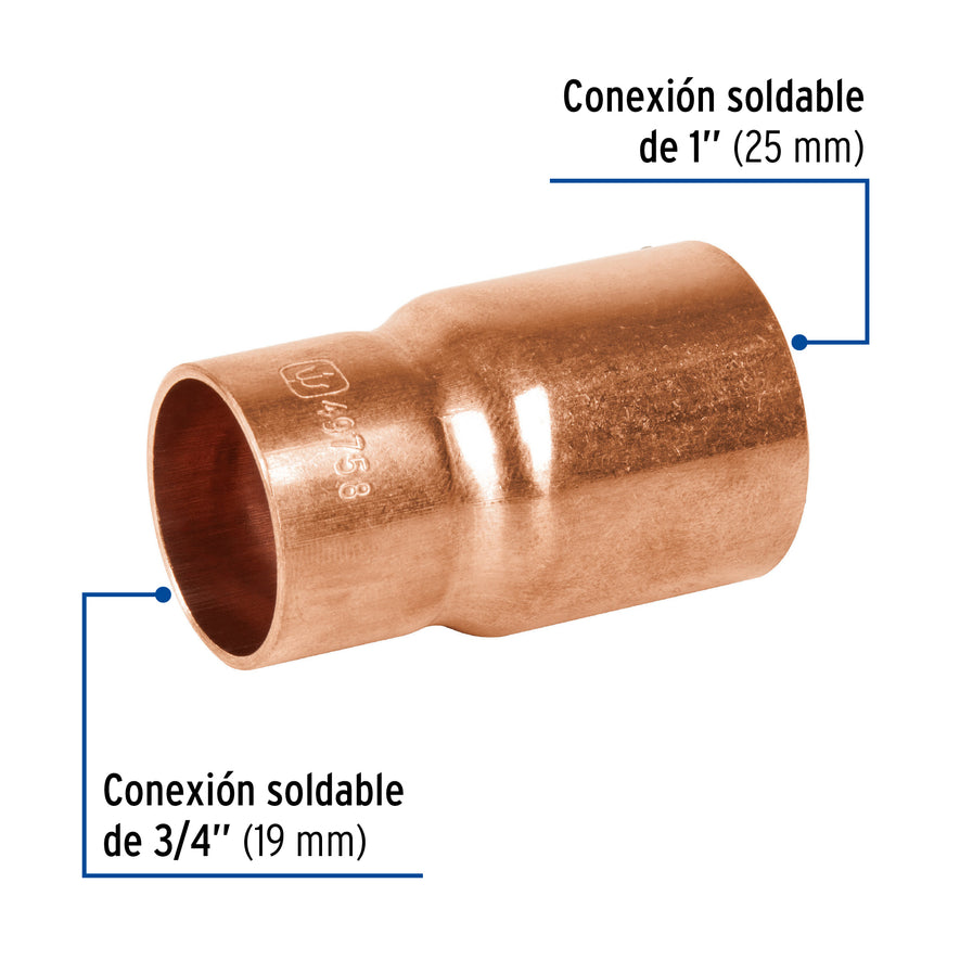 Cople reducción bushing cobre, 1'x 3/4', Foset Caja con 10, 49758