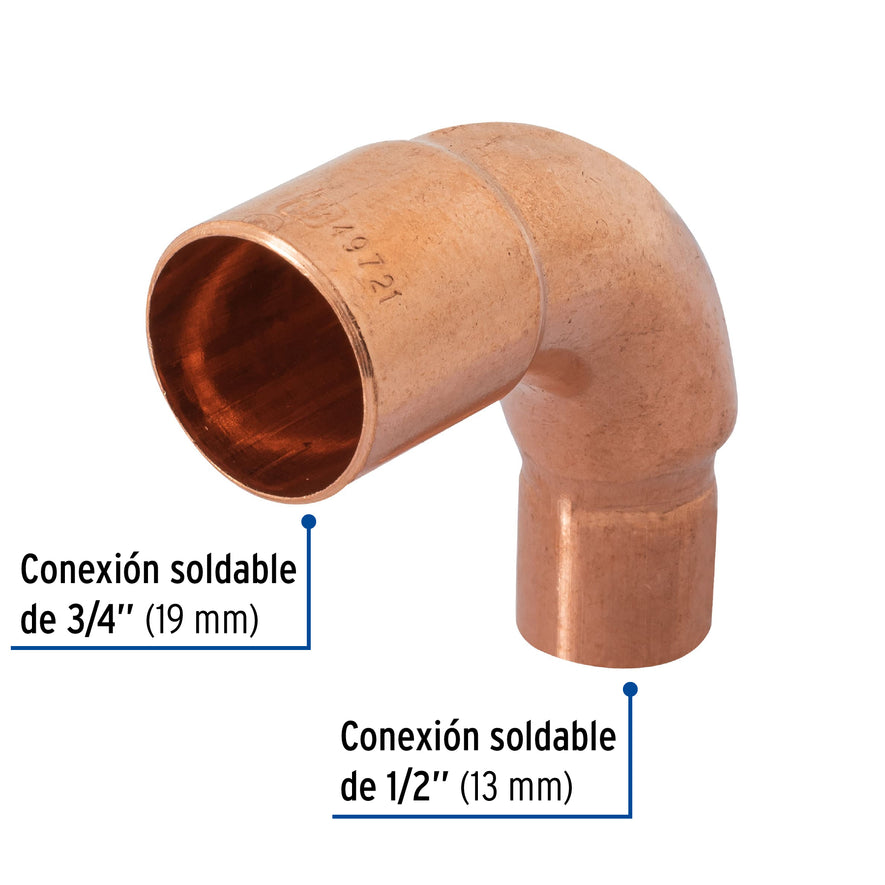 Codo 90° reducción de cobre de 3/4' x 1/2', Foset Caja con 10, 49721