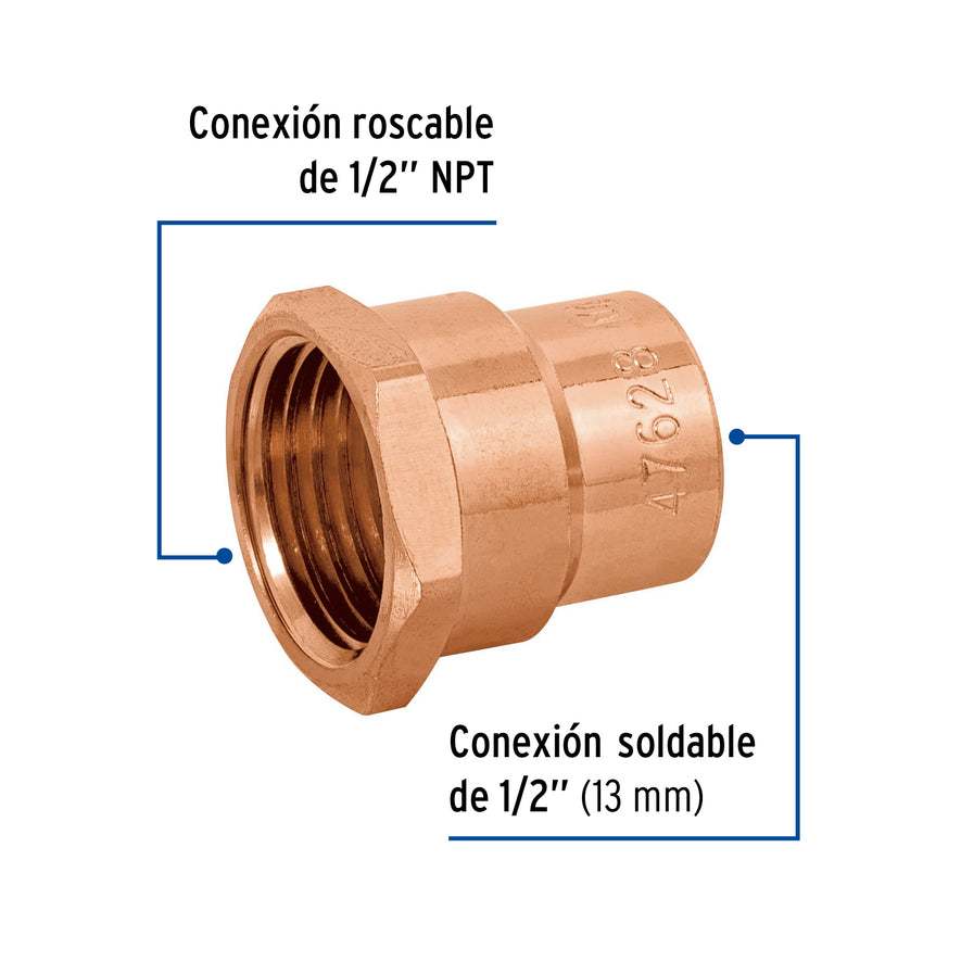 Conector de cobre de rosca interior 1/2', Foset Basic Caja con 20, 47628