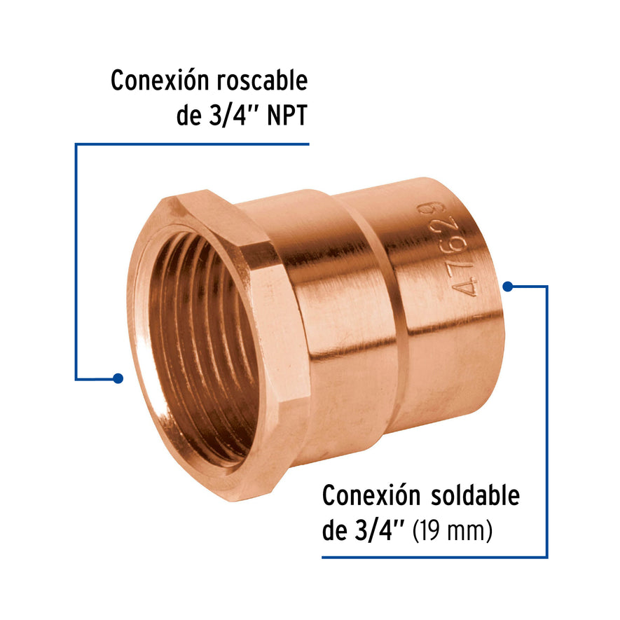 Conector de cobre de rosca interior 3/4', Foset Basic Caja con 10, 47629