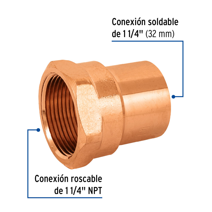 Conector de cobre, rosca interior 1-1/4', Foset Caja con 2, 48898