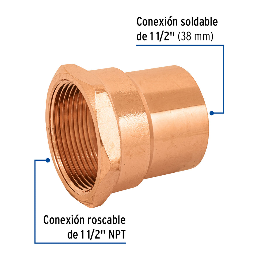 Conector de cobre, rosca interior 1-1/2', Foset Caja con 2, 48899