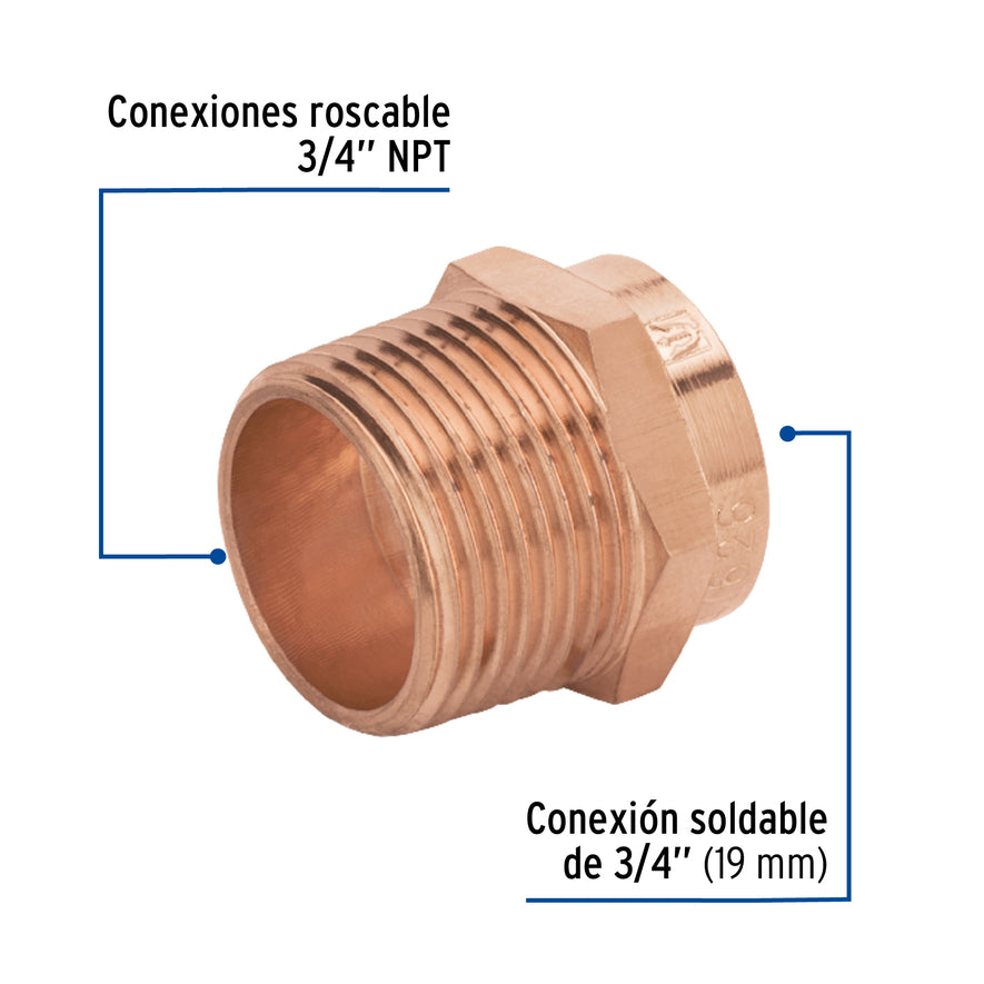 Conector de cobre de rosca exterior 3/4', Foset Basic Caja con 10, 47626