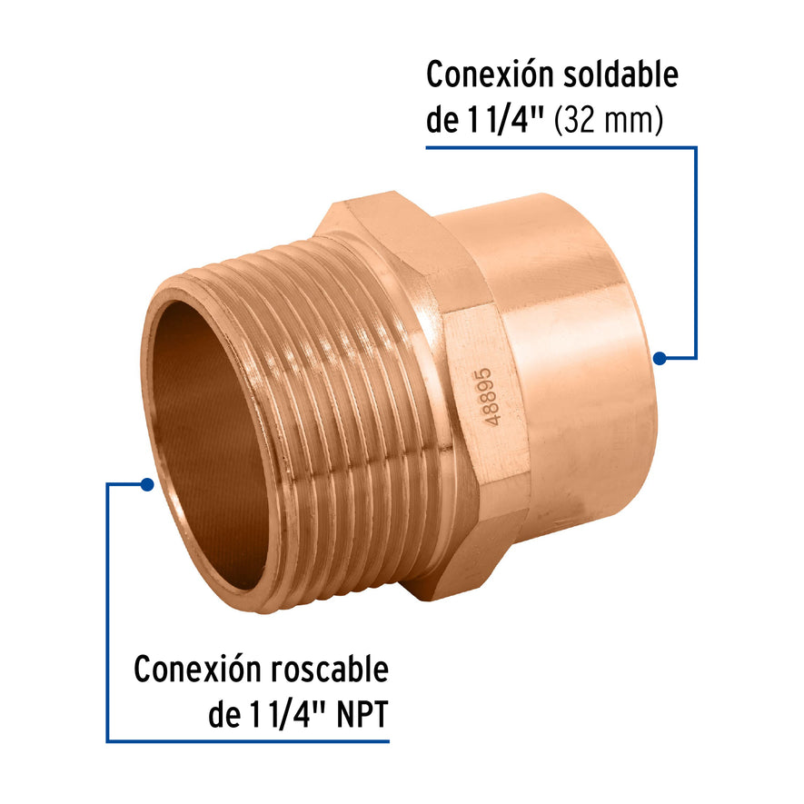 Conector de cobre, rosca exterior 1-1/4', Foset Caja con 2, 48895