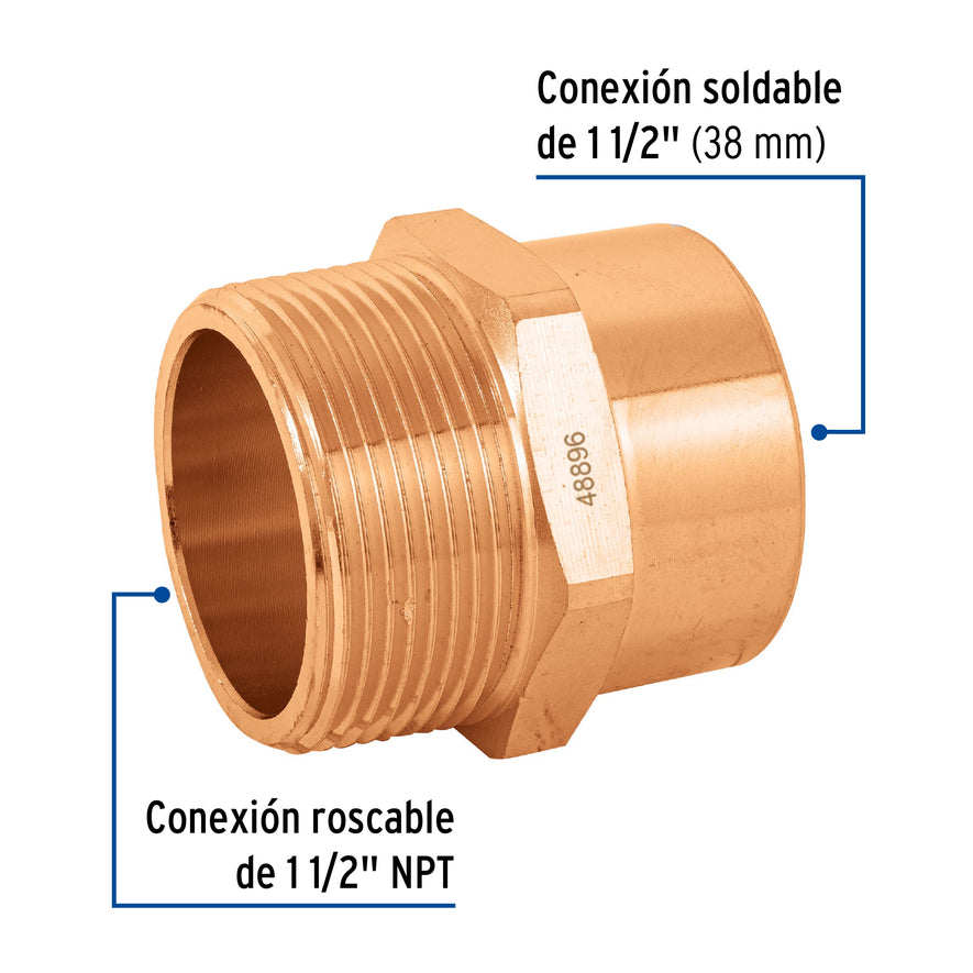 Conector de cobre, rosca exterior 1-1/2', Foset Caja con 2, 48896