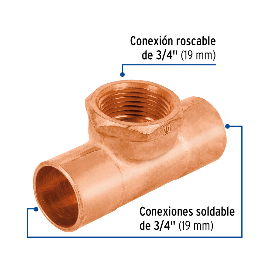 Tee de cobre rosca central 3/4', Foset Caja con 2, 48886