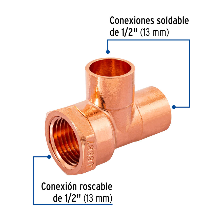 Tee de cobre rosca lateral 1/2', Foset Caja con 2, 48887