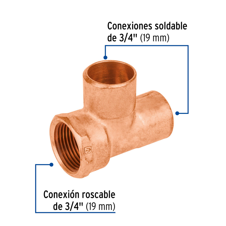 Tee de cobre rosca lateral 3/4', Foset Caja con 2, 48888