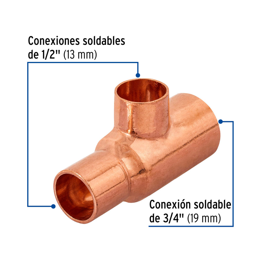 Tee reducida de cobre 3/4' x 1/2' x 1/2', Foset Caja con 10, 49742