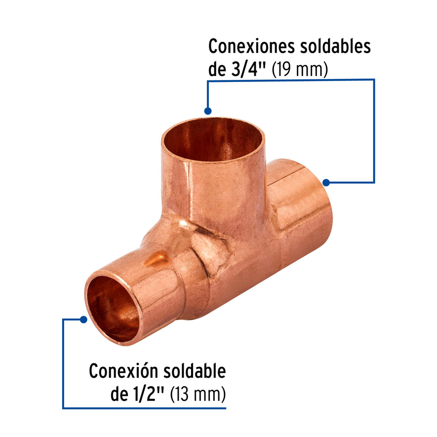 Tee reducida de cobre 3/4' x 1/2' x 3/4', Foset Caja con 10, 49743