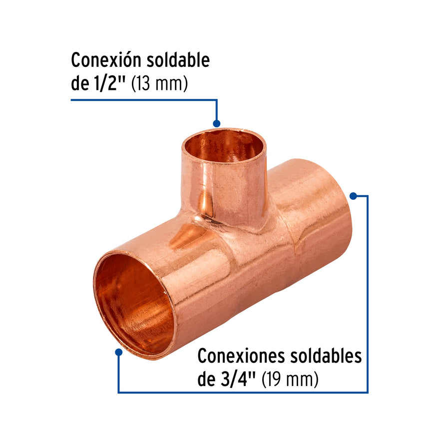 Tee reducida de cobre 3/4' x 3/4' x 1/2', Foset Caja con 10, 49744