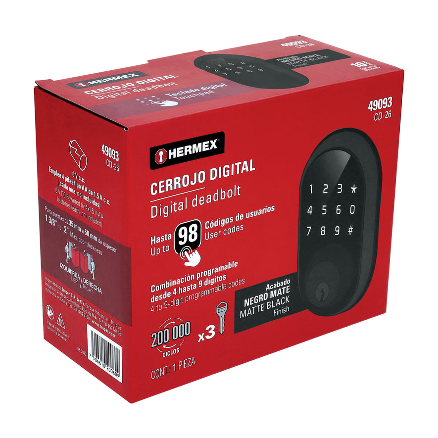 Cerrojo Digital tubular color negro, Hermex, 49093