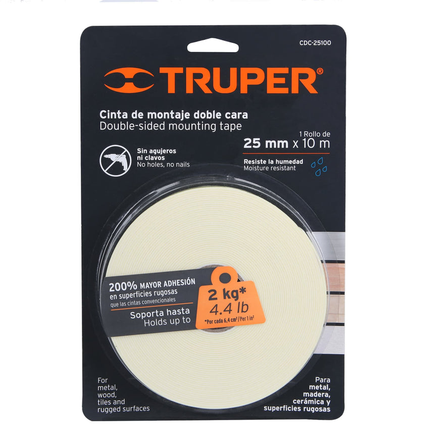 Cinta doble cara de 25 mm x 10 m, Truper Caja con 6, 11728