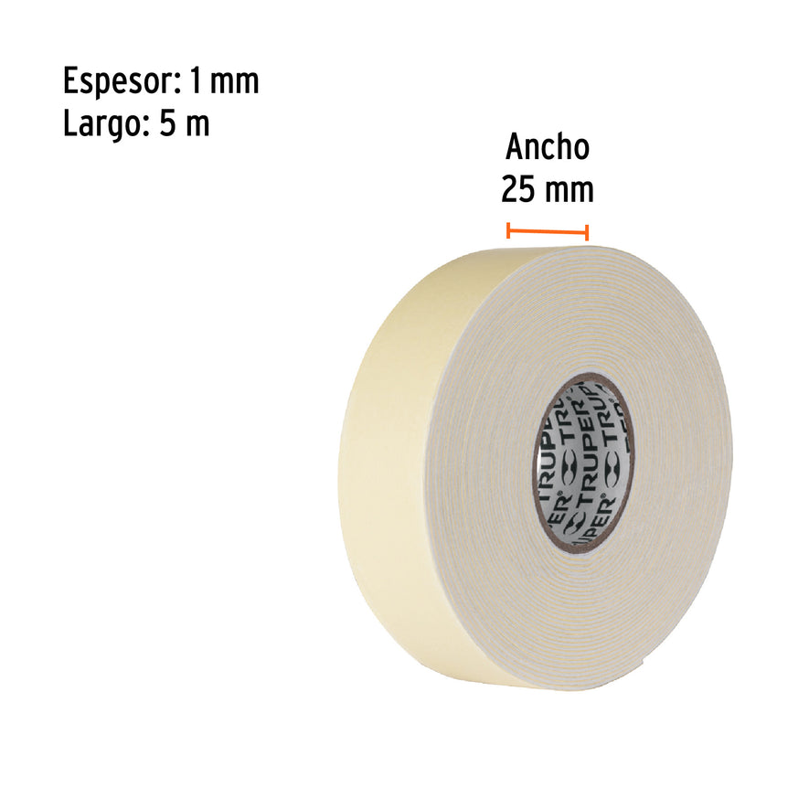 Cinta doble cara de 25 mm x 5 m, Truper Caja con 6, 11727