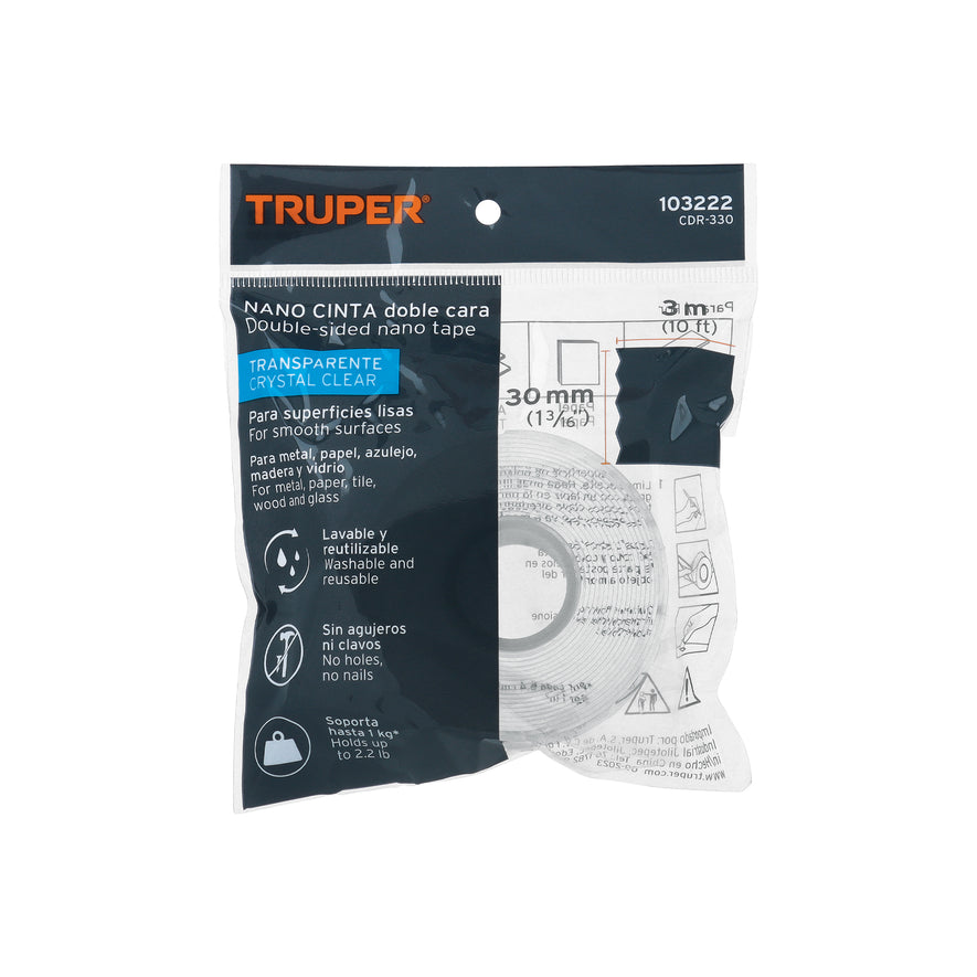 Cinta doble cara reutilizable, transparente 3mx30mm, Truper Caja con 6, 103222