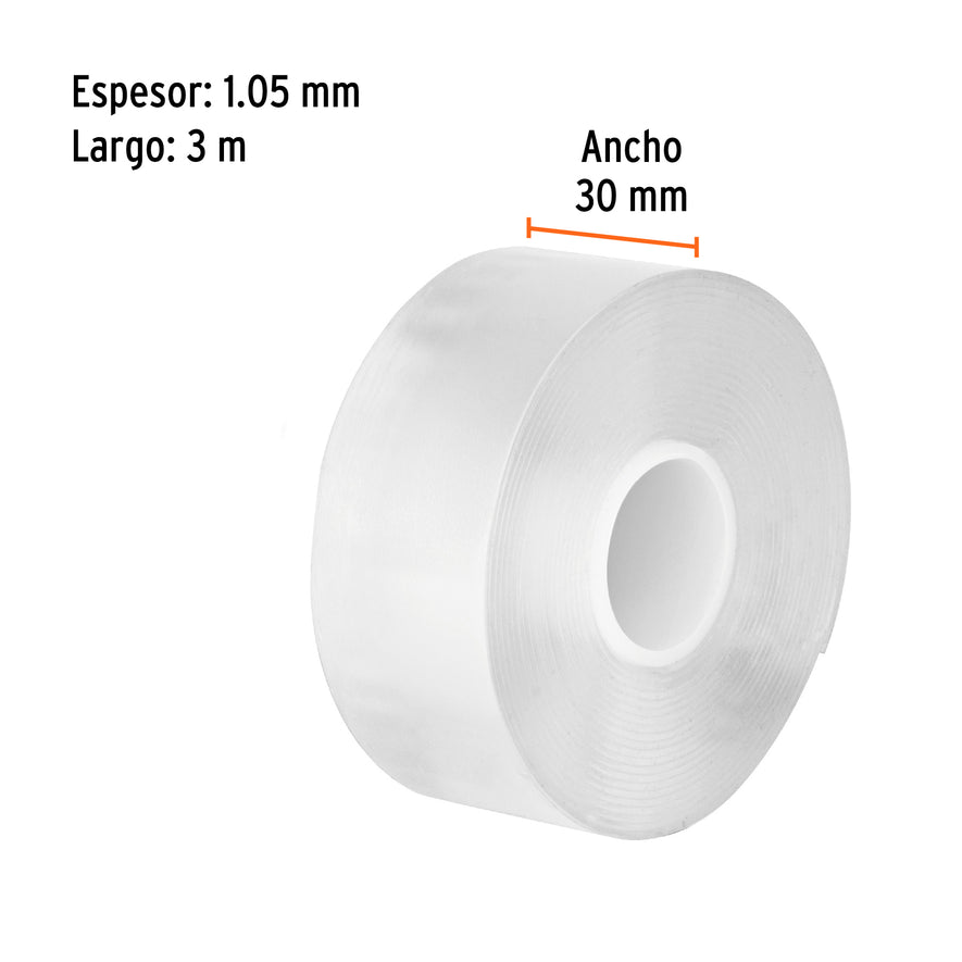 Cinta doble cara reutilizable, transparente 3mx30mm, Truper Caja con 6, 103222