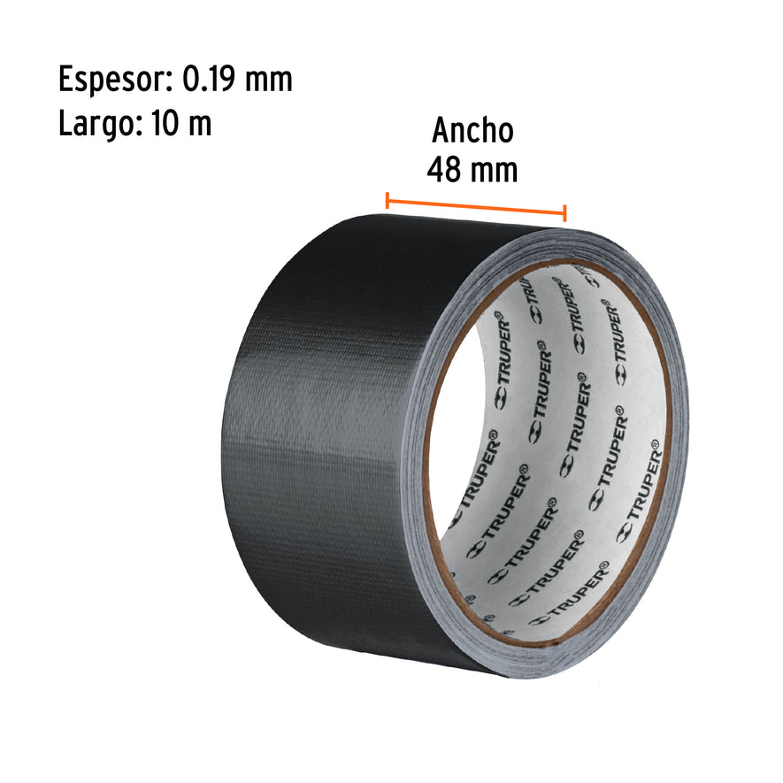 Cinta negra para ducto 10m x 48mm, espesor 0.19mm, Truper Caja con 6, 103061