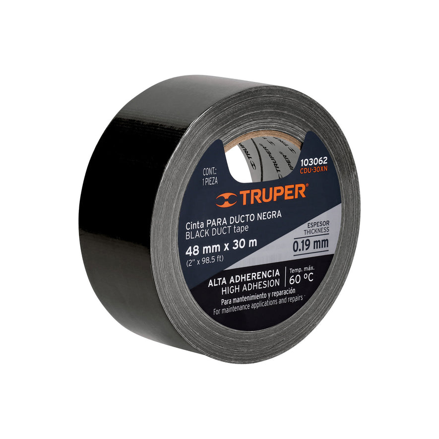 Cinta negra para ducto 30m x 48mm, espesor 0.19mm, Truper Caja con 4, 103062
