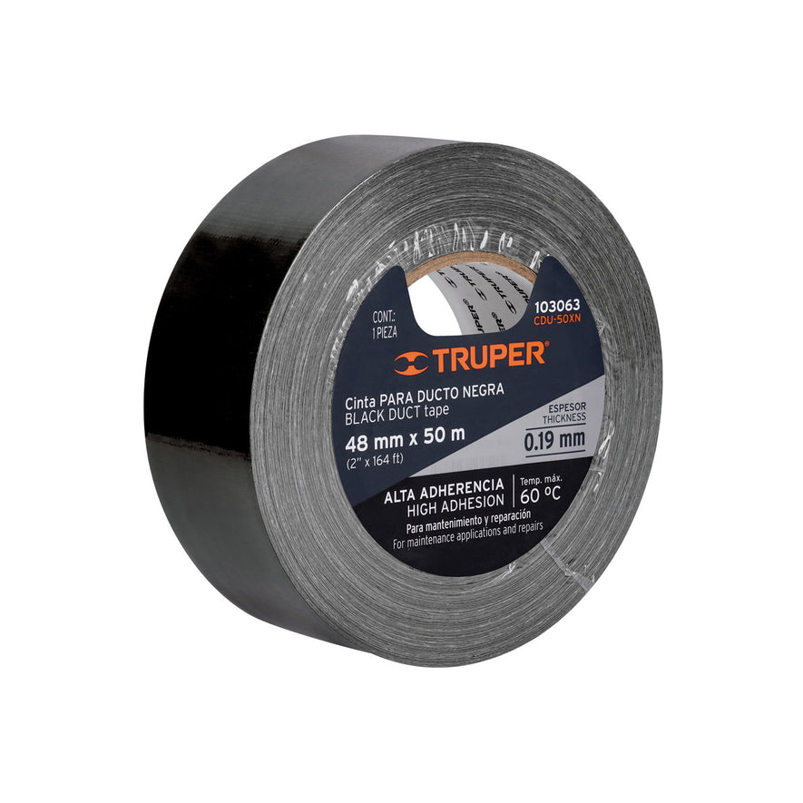 Cinta negra para ducto 50m x 48mm, espesor 0.19mm, Truper Caja con 4, 103063