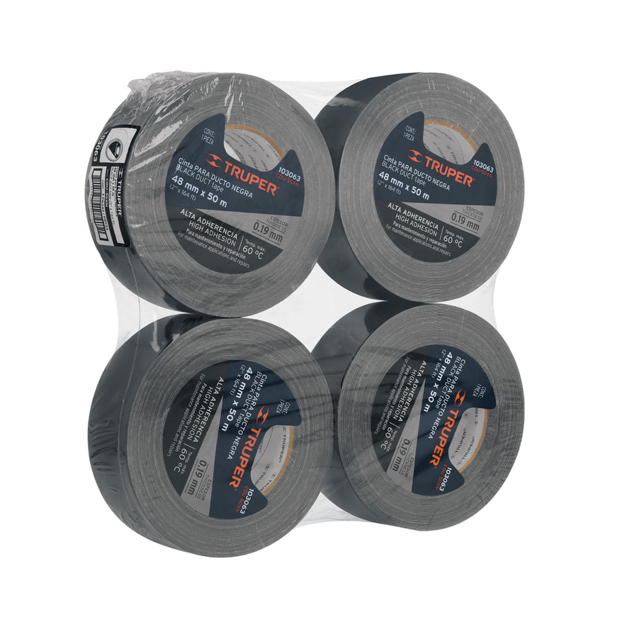 Cinta negra para ducto 50m x 48mm, espesor 0.19mm, Truper Caja con 4, 103063