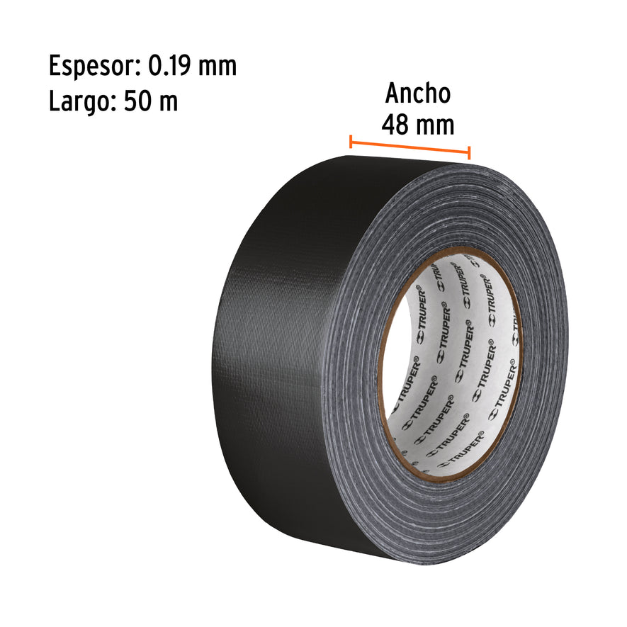 Cinta negra para ducto 50m x 48mm, espesor 0.19mm, Truper Caja con 4, 103063