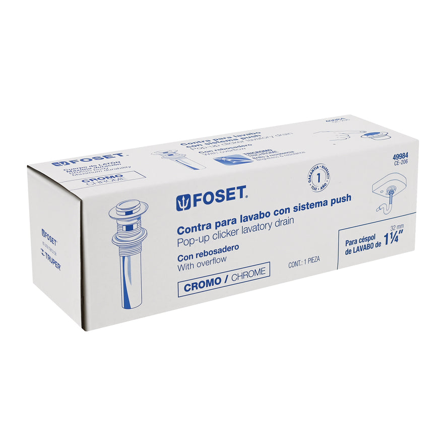 Contra p/lavabo con rebosadero, sistema push, cromo, 1-1/4' Caja con 2, 49984