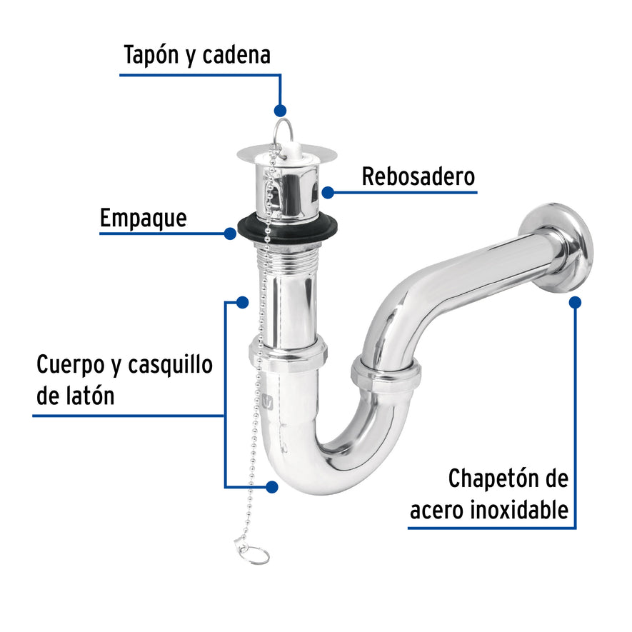 Céspol 1-1/4' c/contra, tapón y cadena, latón cromo,p/lavabo Caja con 2, 49335
