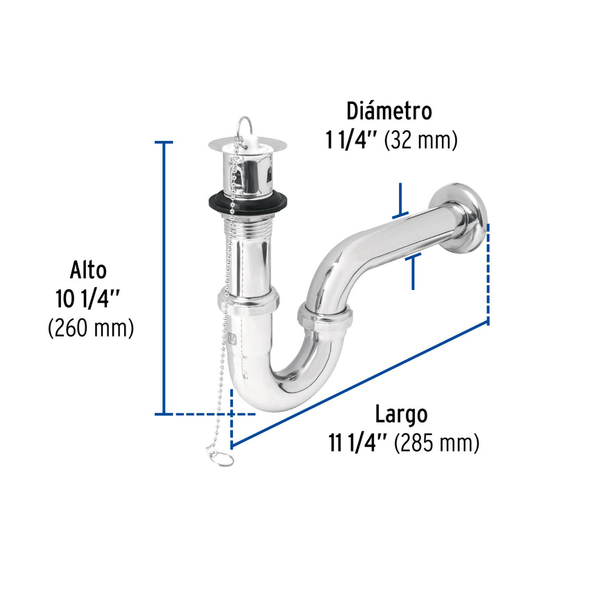 Céspol 1-1/4' c/contra, tapón y cadena, latón cromo,p/lavabo Caja con 2, 49335