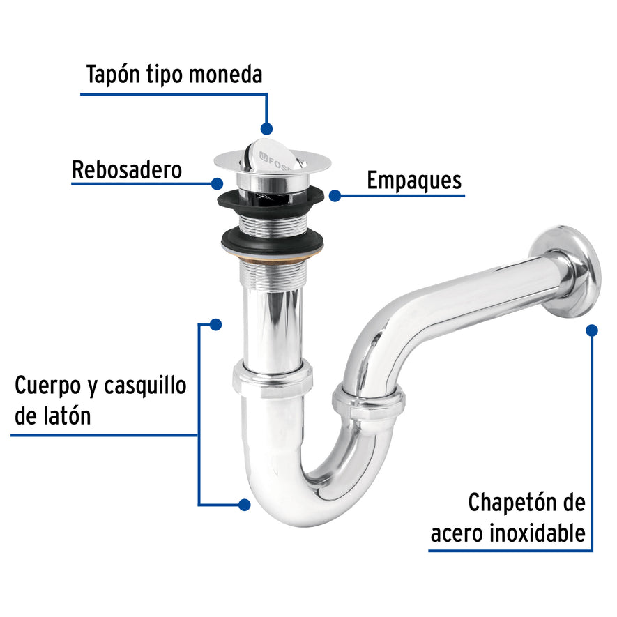 Céspol 1-1/4', contra tipo moneda, latón cromo, para lavabo Caja con 2, 49337