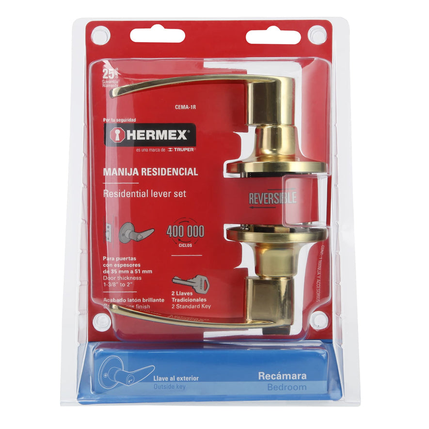 Cerradura manija 'Turín'p/recámara láton brillante,cil latón Caja con 3, 43659