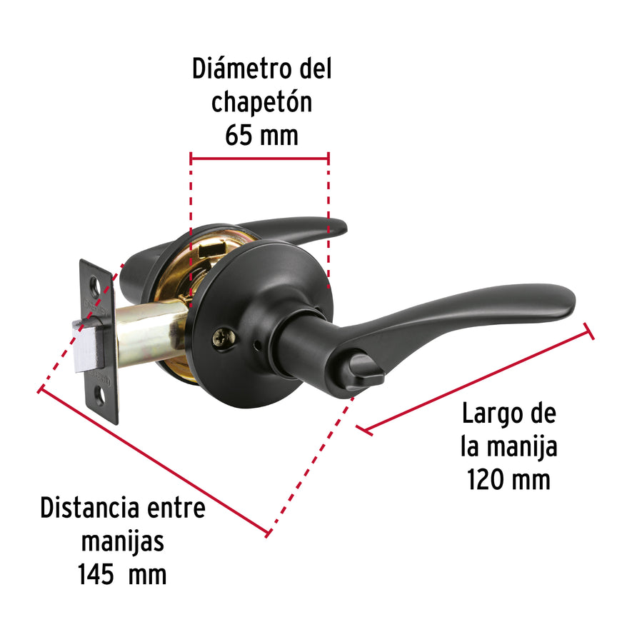 Cerradura manija 'Milán' p/baño, negro, cil latón, Basic Caja con 3, 28154