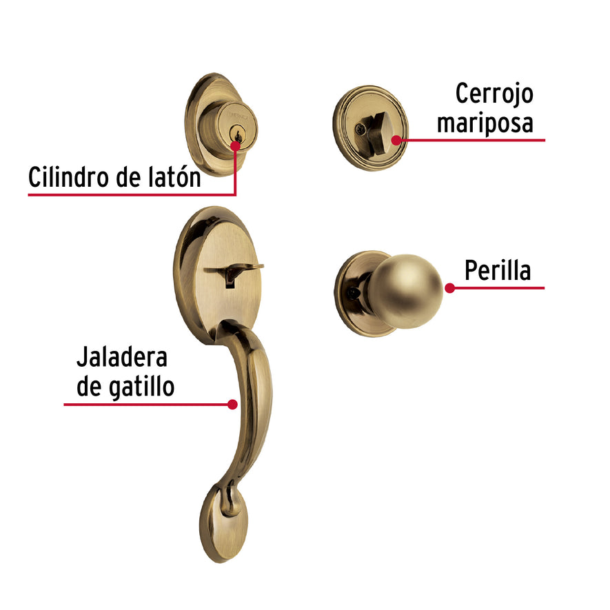 Jaladera, perilla y cerrojo mariposa, latón antiguo, Basic, 23673