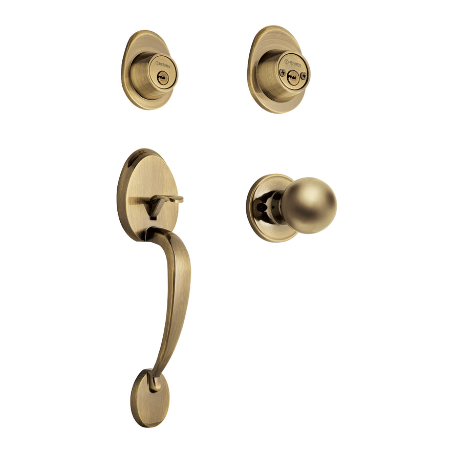 Jaladera, perilla y cerrojo llave-llave, latón antiguo, 43022