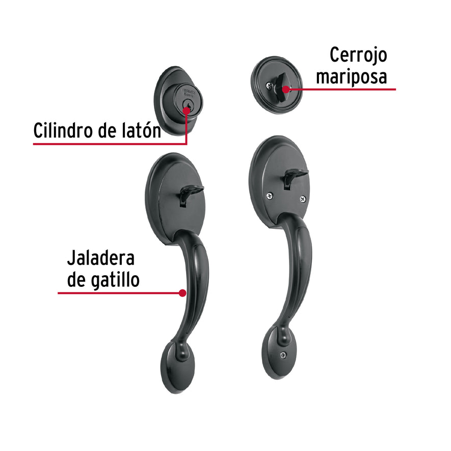 Doble jaladera, perilla y cerrojo L-M, negro, Basic, 27240