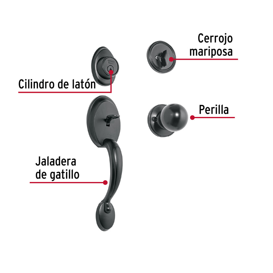 Jaladera, perilla y cerrojo llave-mariposa, negro, Basic, 27239