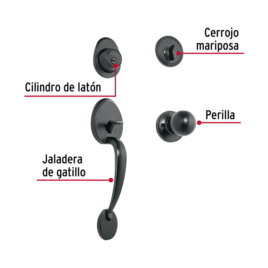 Jaladera, perilla y cerrojo llave-mariposa, negro, 48437