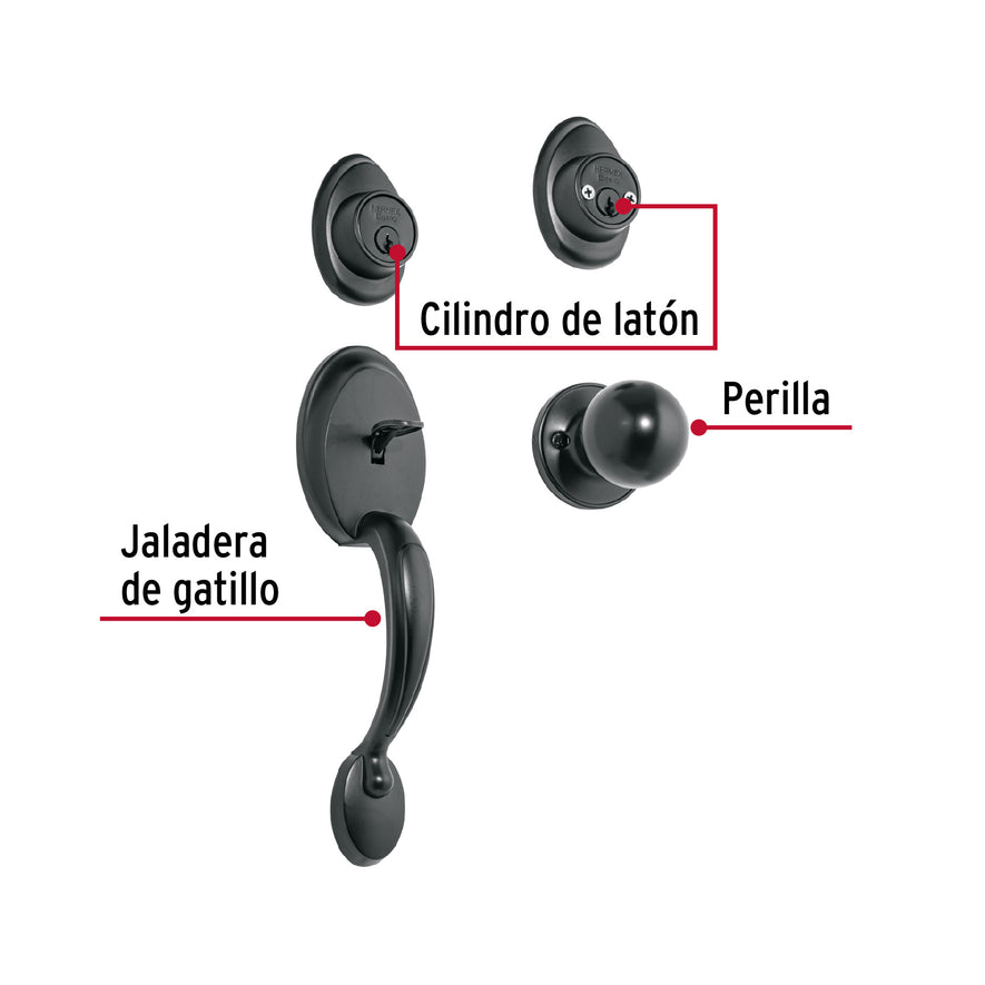 Jaladera, perilla y cerrojo llave-llave, negro, Basic, 27238