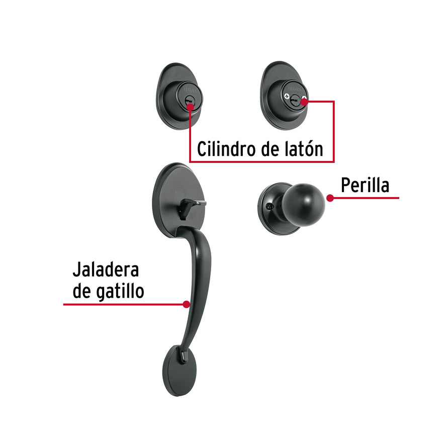 Jaladera, perilla y cerrojo llave-llave, negro, 48436