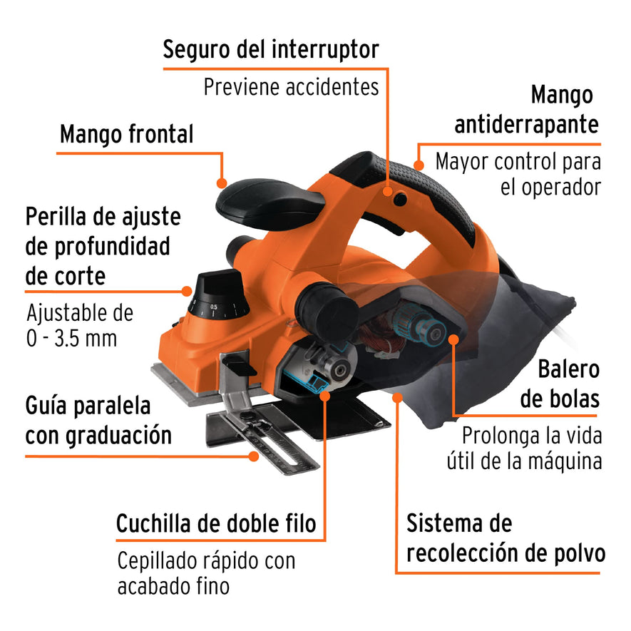 Cepillo eléctrico 3-1/4', 850W, TRUPER PRO, 100502