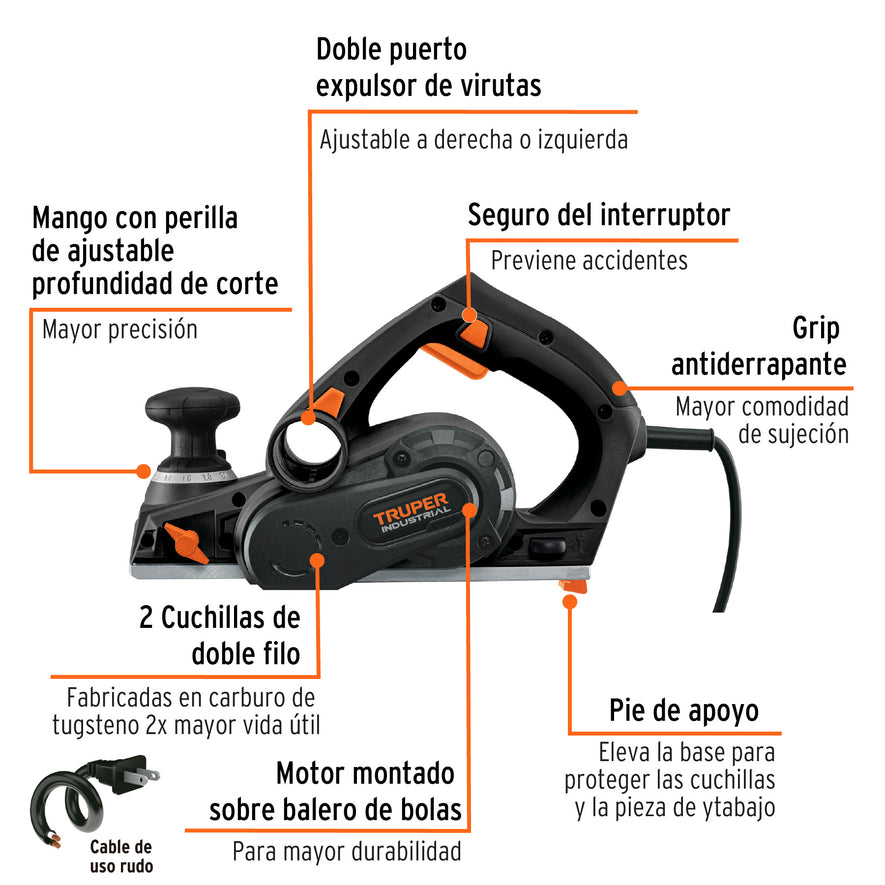 Cepillo eléctrico 3-1/4', 720W, TRUPER INDUSTRIAL, 102800