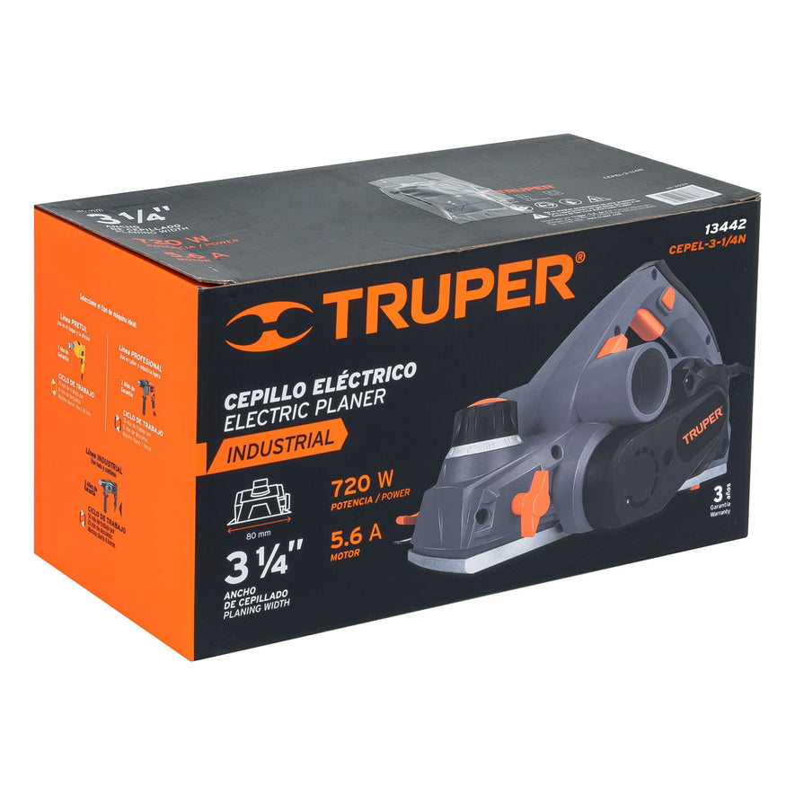 Cepillo eléctrico 3-1/4' 720 W, industrial, Truper, 13442